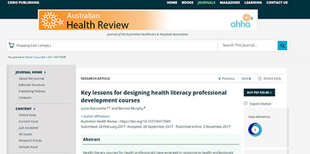 New health literacy education research published by CEH Manager in leading CSIRO journal
